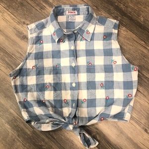 Blue check cropped tie waist sleeveless blouse (size L)